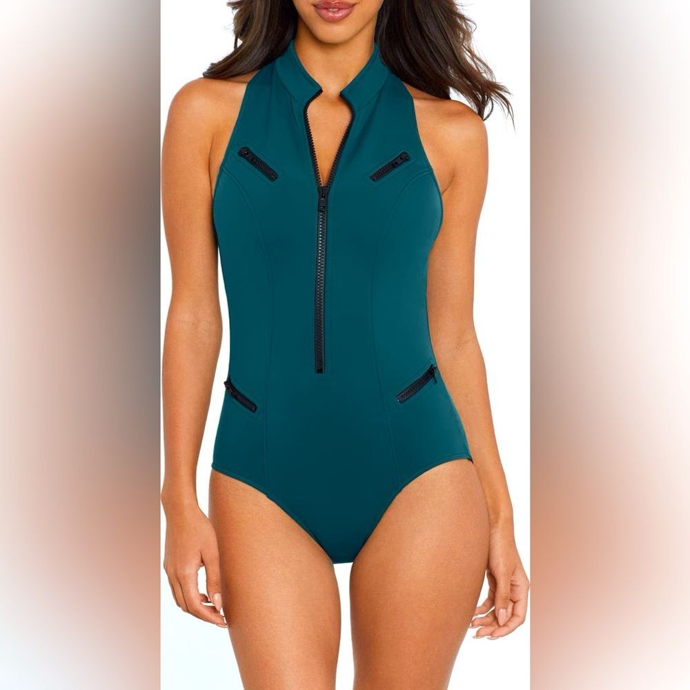 Magicsuit Teal Zip-Front Halter One-Piece Swimsuit